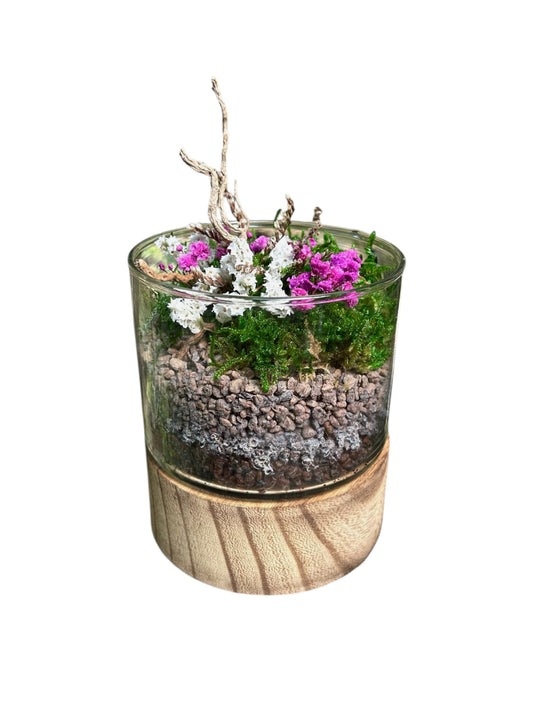 Glass Moss Garden I - Terrarium in vetro e legno con muschio e fiori stabilizzati