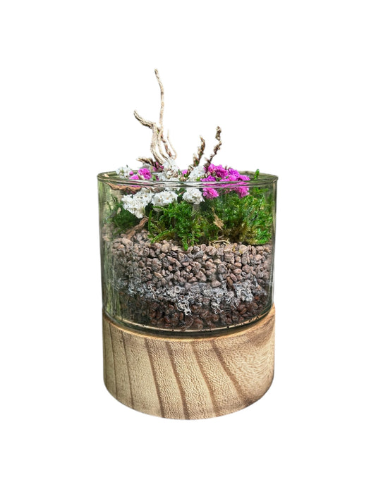 Glass Moss Garden I - Terrarium in vetro e legno con muschio e fiori stabilizzati