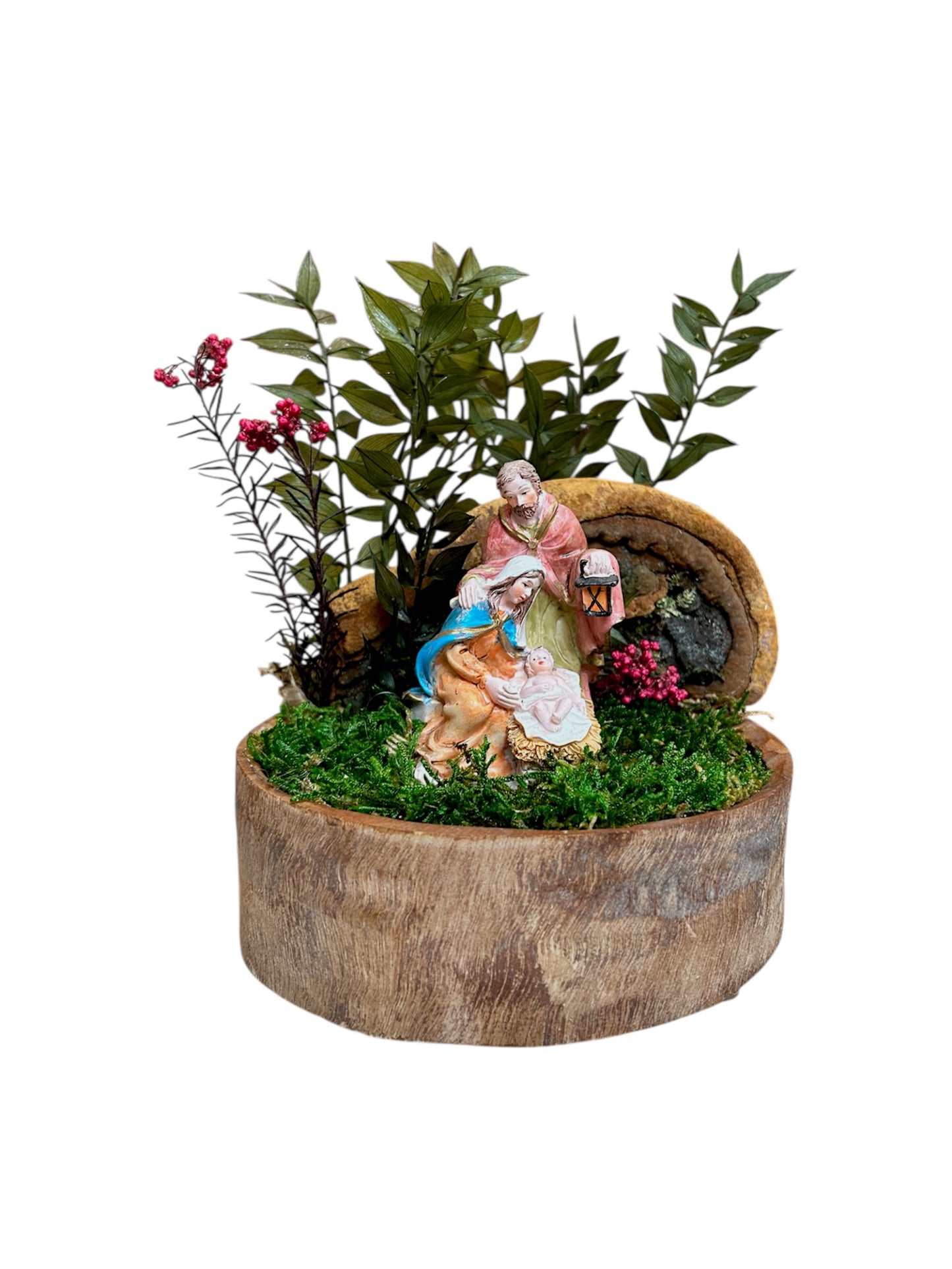 Christmas Collection - Presepe in legno con muschio e fiori stabilizzati